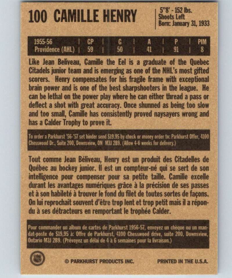 1994-95 Parkhurst Missing Link #100 Camille Henry NY Rangers NHL Hockey Image 2