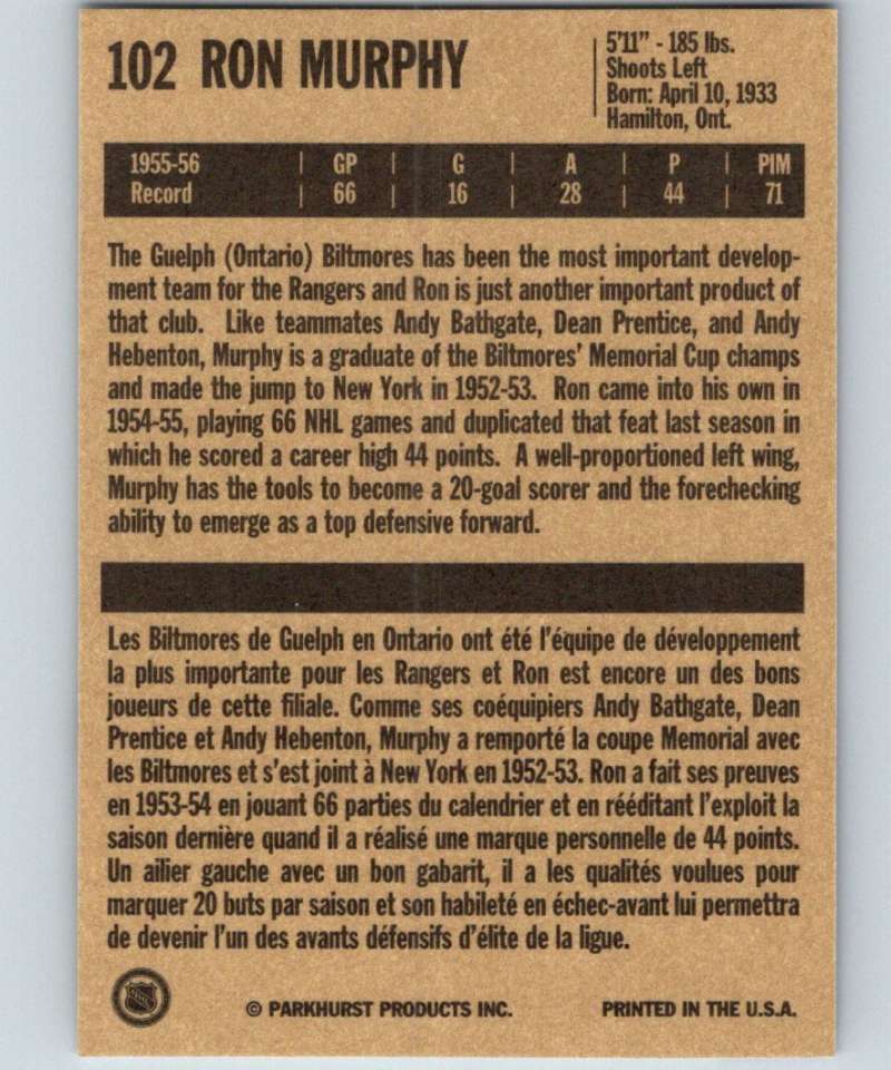 1994-95 Parkhurst Missing Link #102 Ron Murphy NY Rangers NHL Hockey Image 2