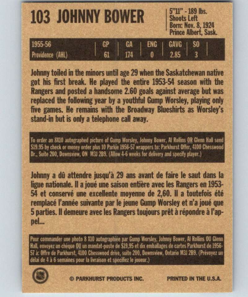 1994-95 Parkhurst Missing Link #103 Johnny Bower NY Rangers NHL Hockey