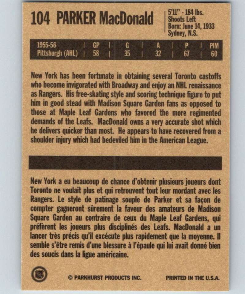 1994-95 Parkhurst Missing Link #104 Parker MacDonald NY Rangers NHL Hockey Image 2