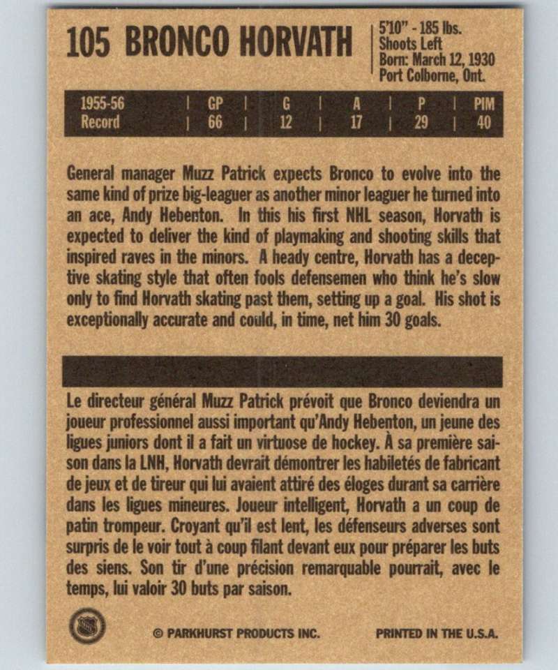 1994-95 Parkhurst Missing Link #105 Bronco Horvath NY Rangers NHL Hockey