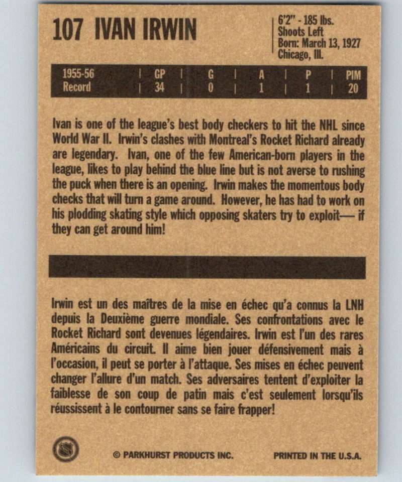 1994-95 Parkhurst Missing Link #107 Ivan Irwin NY Rangers NHL Hockey Image 2