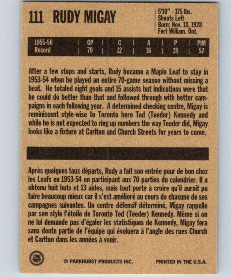 1994-95 Parkhurst Missing Link #111 Rudy Migay Maple Leafs NHL Hockey