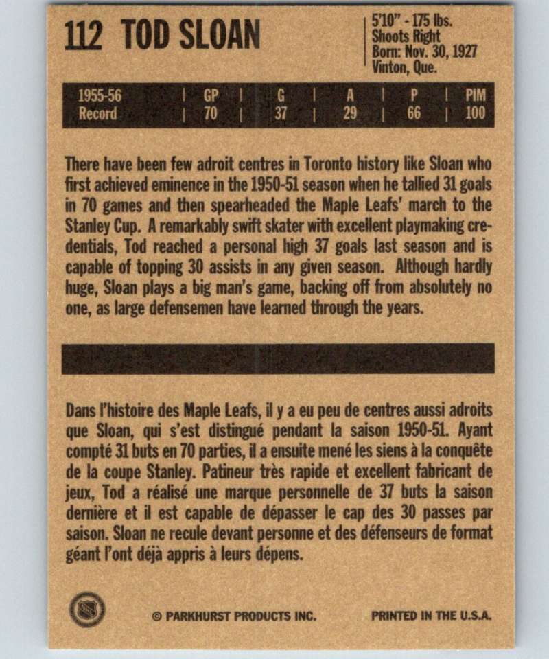 1994-95 Parkhurst Missing Link #112 Tod Sloan Maple Leafs NHL Hockey