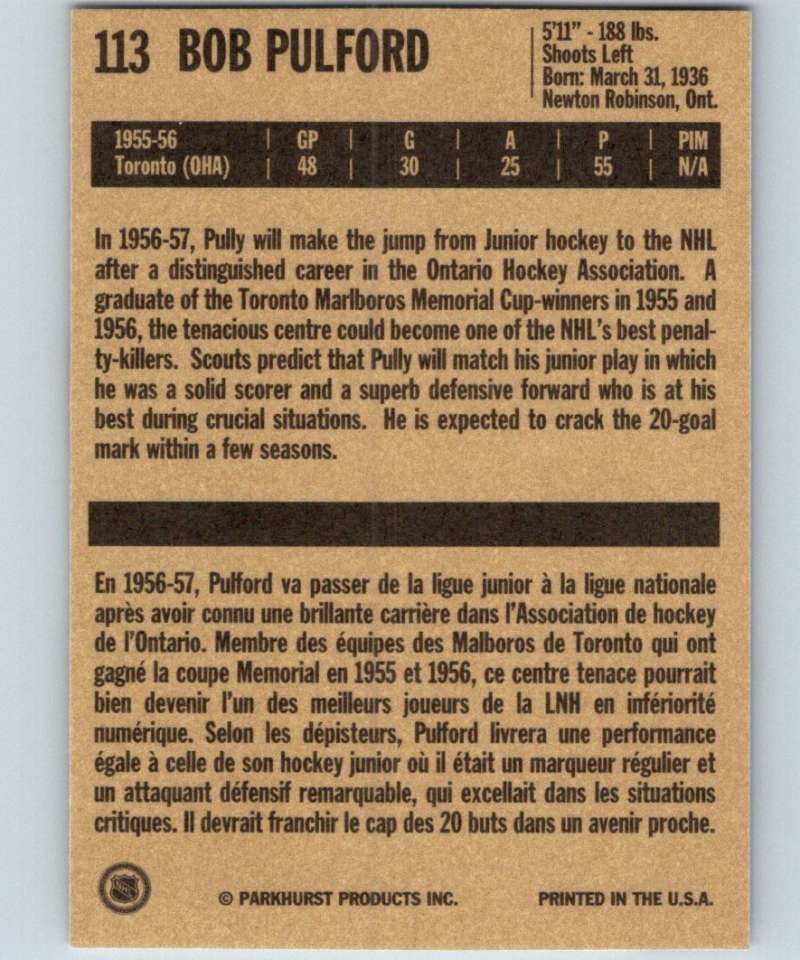 1994-95 Parkhurst Missing Link #113 Bob Pulford Maple Leafs NHL Hockey Image 2