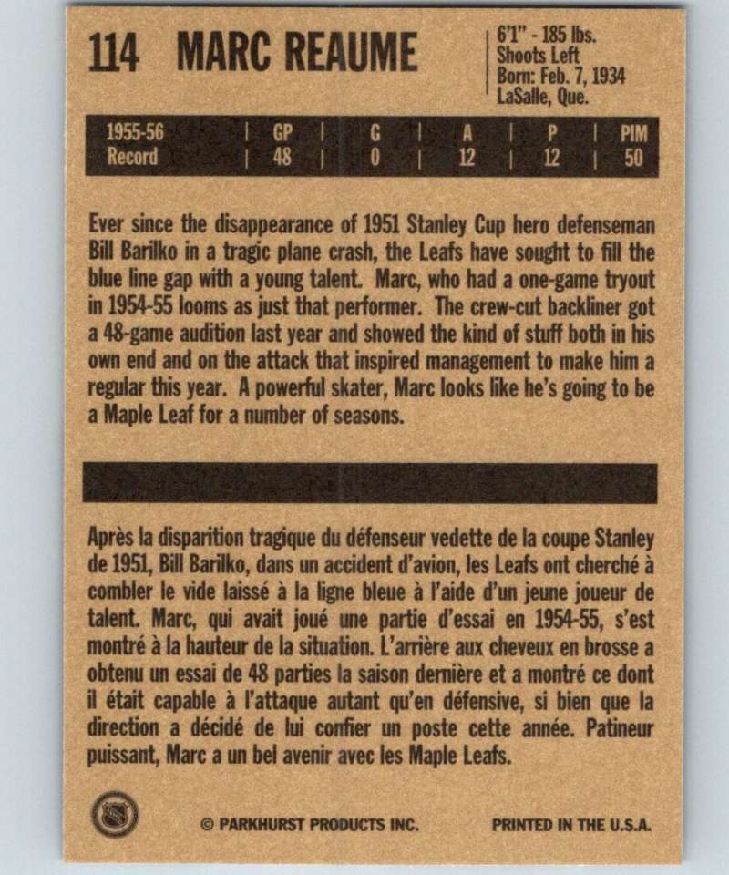 1994-95 Parkhurst Missing Link #114 Marc Reaume Maple Leafs NHL Hockey