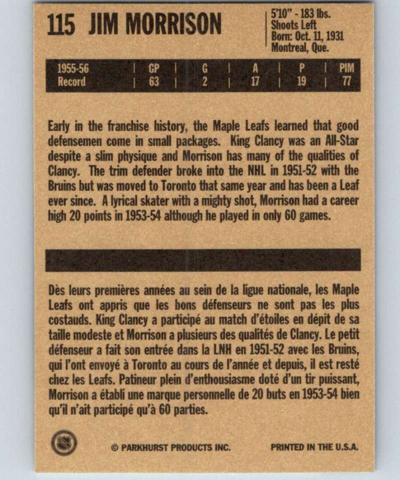 1994-95 Parkhurst Missing Link #115 Jim Morrison Maple Leafs NHL Hockey