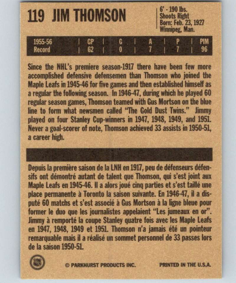 1994-95 Parkhurst Missing Link #119 Jim Thomson Maple Leafs NHL Hockey