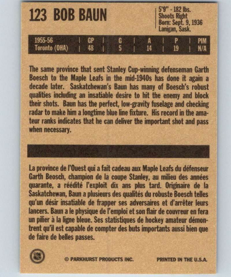1994-95 Parkhurst Missing Link #123 Bob Baun Maple Leafs NHL Hockey