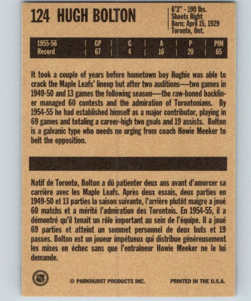 1994-95 Parkhurst Missing Link #124 Hugh Bolton Maple Leafs NHL Hockey