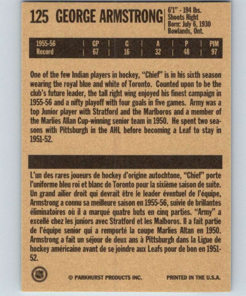 1994-95 Parkhurst Missing Link #125 George Armstrong Maple Leafs NHL Hockey