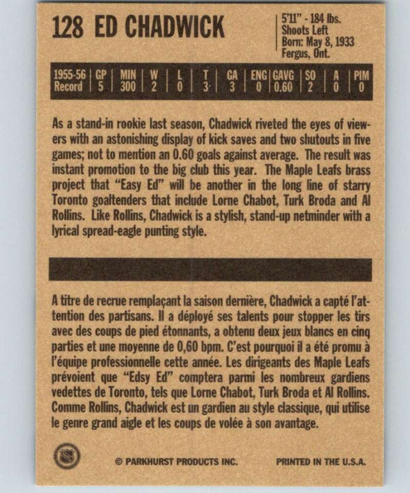 1994-95 Parkhurst Missing Link #128 Ed Chadwick Maple Leafs NHL Hockey