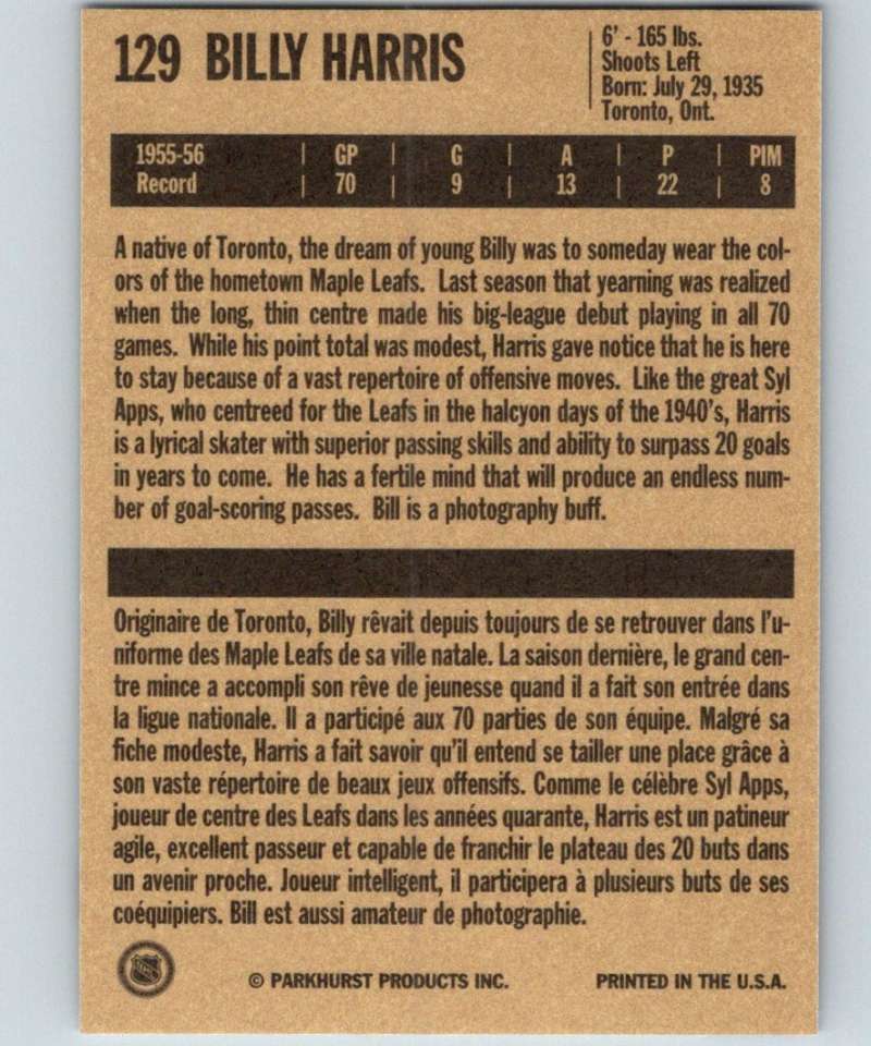 1994-95 Parkhurst Missing Link #129 Billy Harris Maple Leafs NHL Hockey