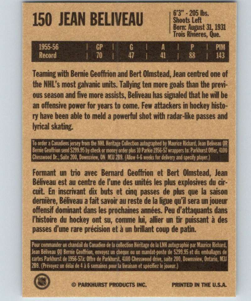 1994-95 Parkhurst Missing Link #150 Jean Beliveau Canadiens AW NHL Hockey