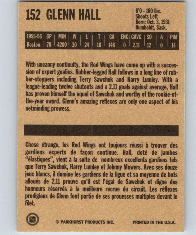 1994-95 Parkhurst Missing Link #152 Glenn Hall Red Wings AW NHL Hockey