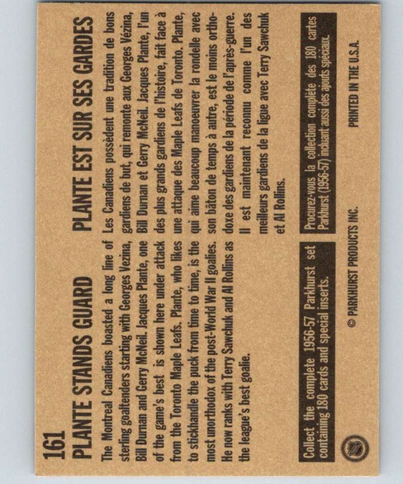 1994-95 Parkhurst Missing Link #161 Plante Stands Guard NHL Hockey
