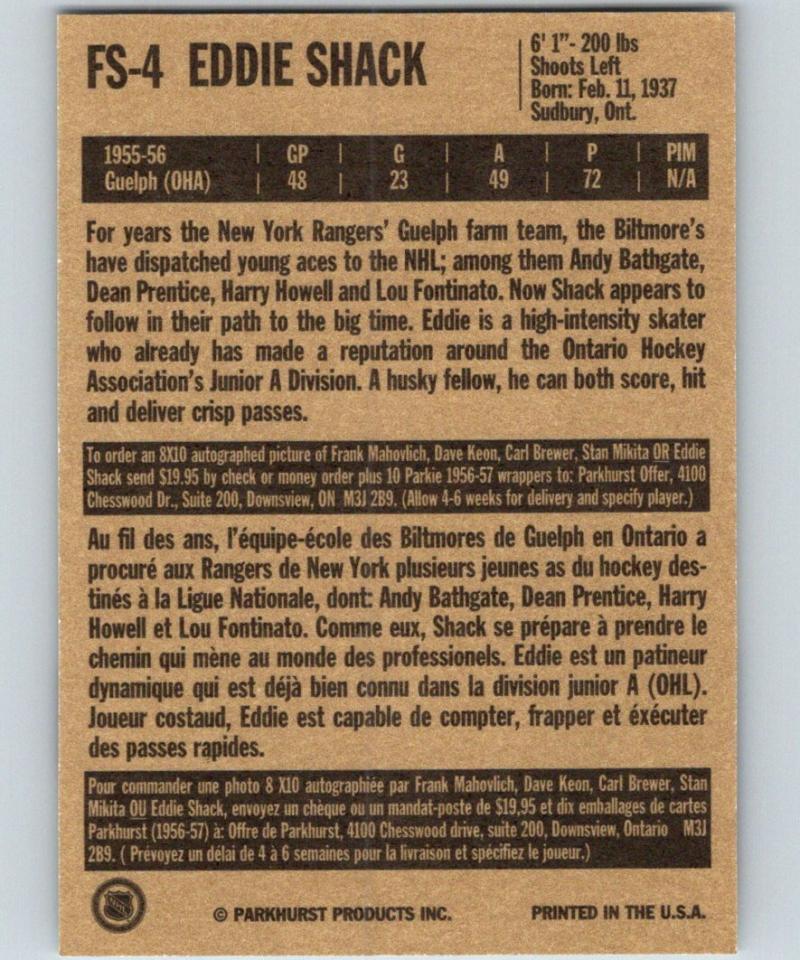 1994-95 Parkhurst Missing Link Future Stars #FS4 Eddie Shack NHL 06699