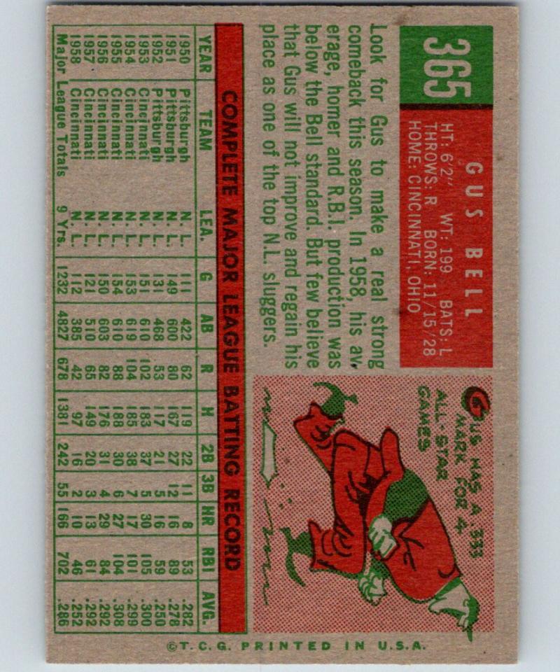 1959 Topps #365 Gus Bell Reds MLB Baseball Vintage