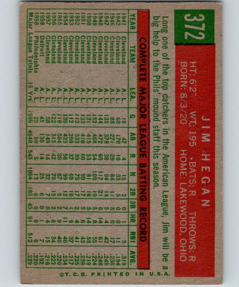 1959 Topps #372 Jim Hegan Phillies MLB Baseball Vintage