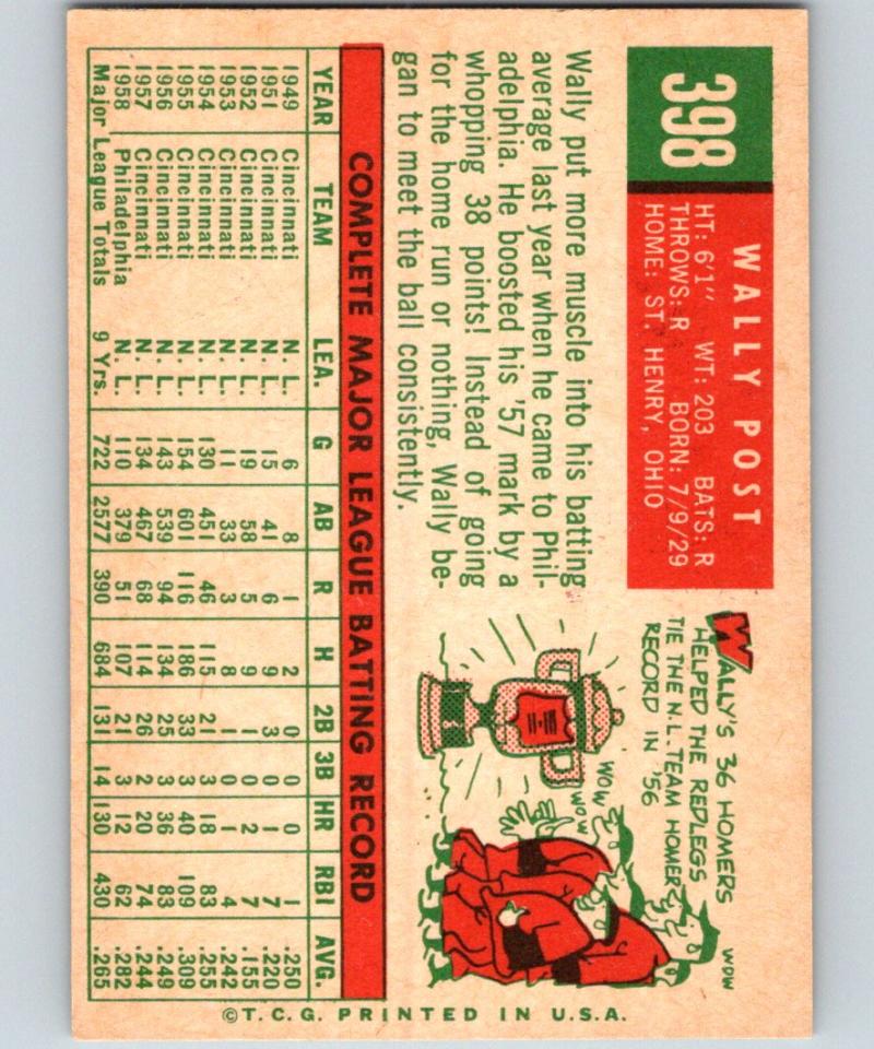 1959 Topps #398 Wally Post Phillies MLB Baseball Vintage