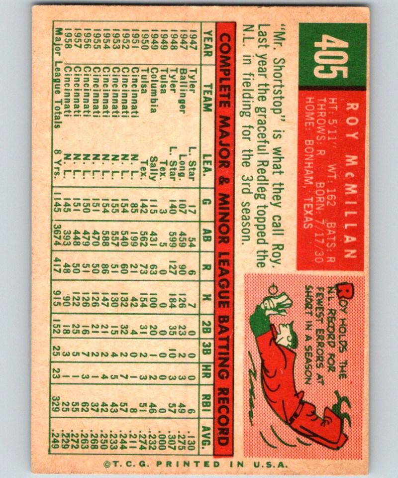 1959 Topps #405 Roy McMillan Reds MLB Baseball Vintage