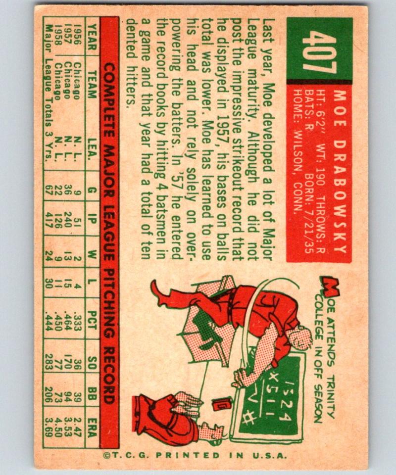 1959 Topps #407 Moe Drabowsky Cubs MLB Baseball Vintage