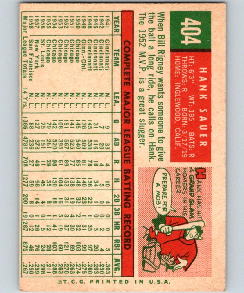 1959 Topps #404 Hank Sauer Giants MLB Baseball Vintage