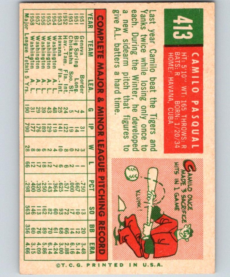 1959 Topps #413 Camilo Pascual UER MLB Baseball Vintage