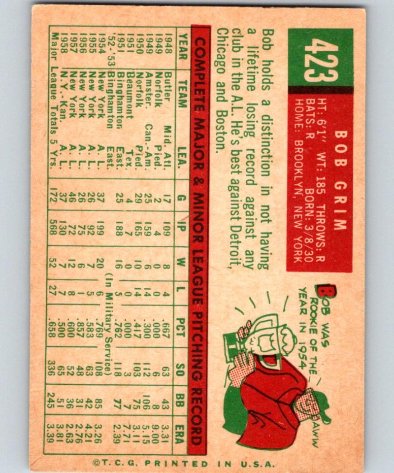 1959 Topps #423 Bob Grim Athletics MLB Baseball Vintage