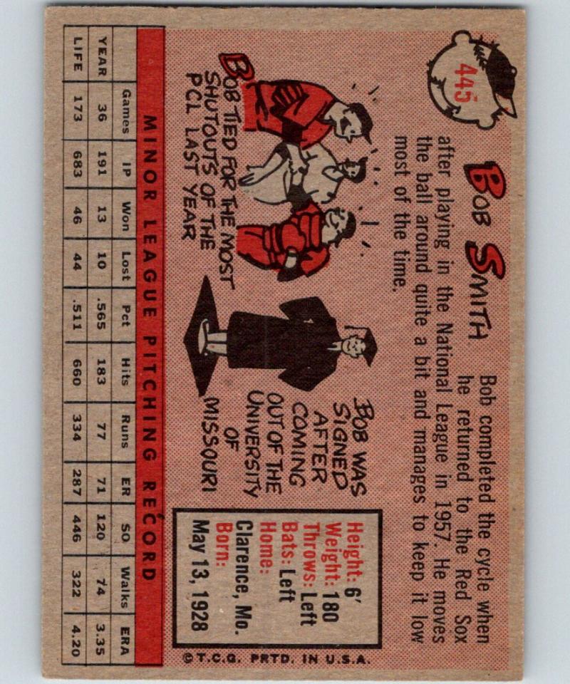 1958 Topps #445 Bob Smith RC Rookie MLB Baseball Vintage