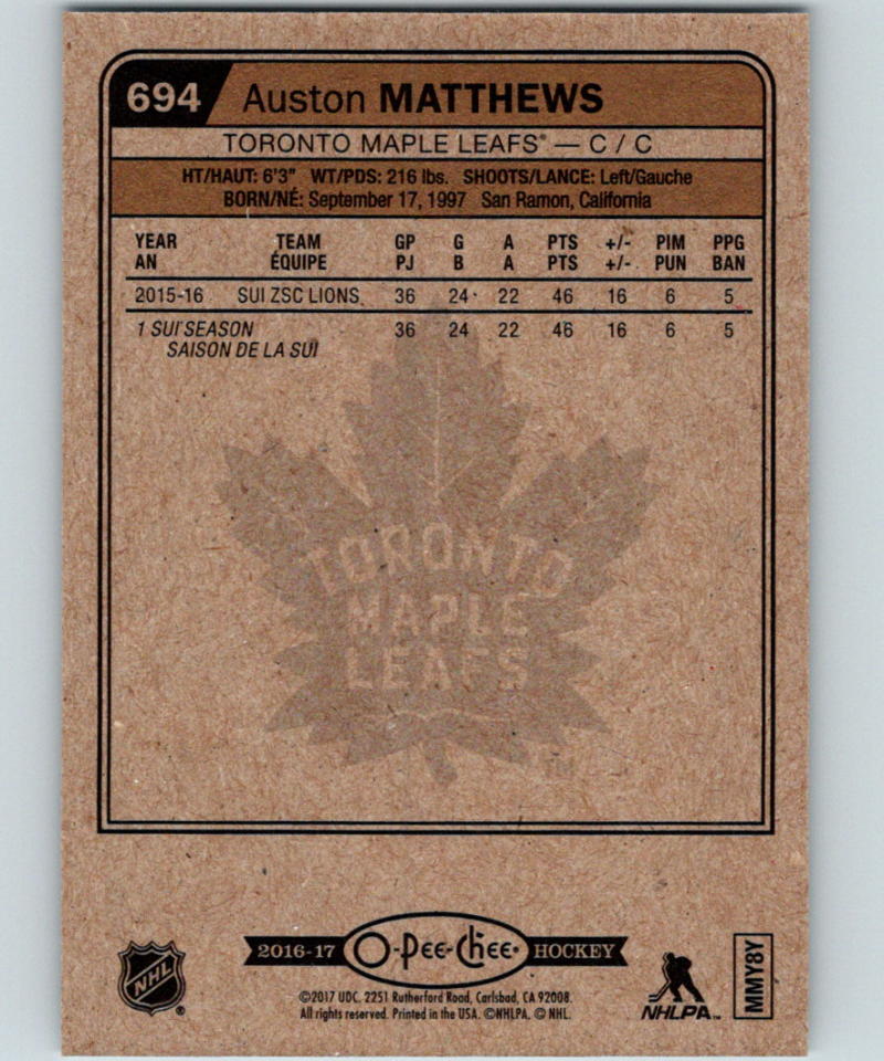 2016-17 O-Pee-Chee Update Marquee Rookies #694 Auston Matthews RC 05254