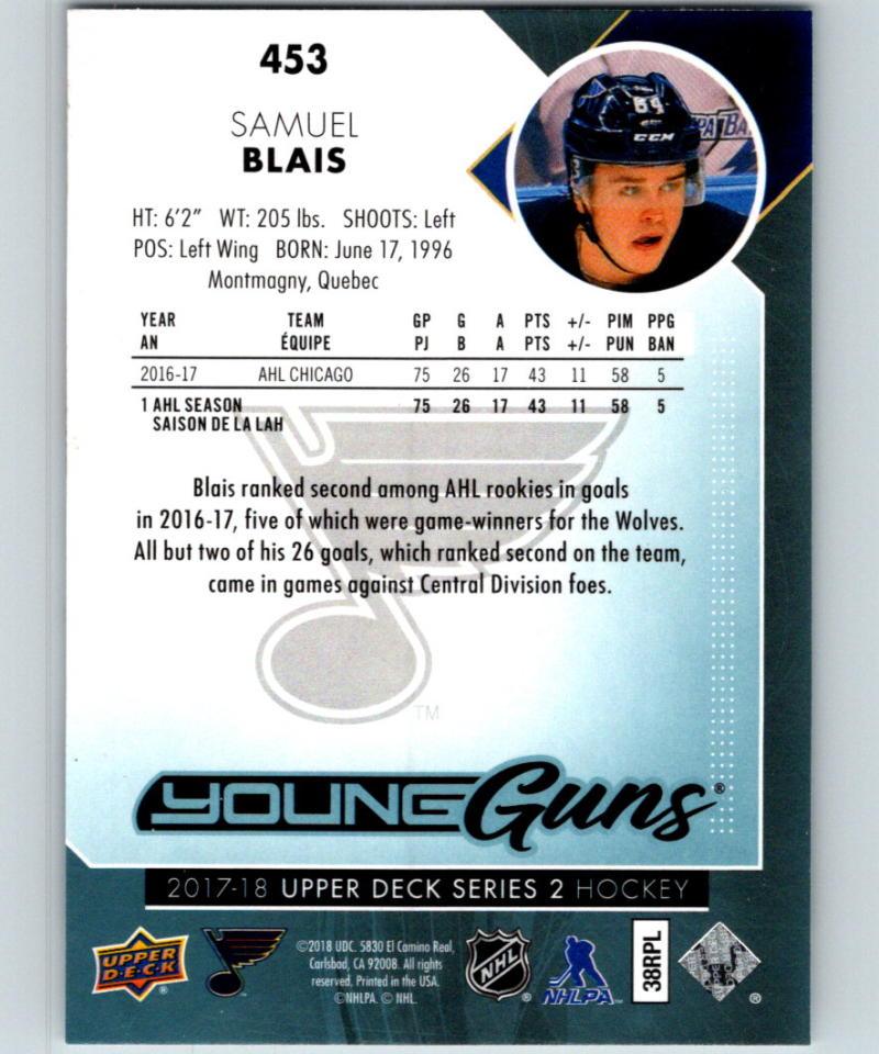 2017-18 Upper Deck #453 Samuel Blais Young Guns Blues YG RC 06876