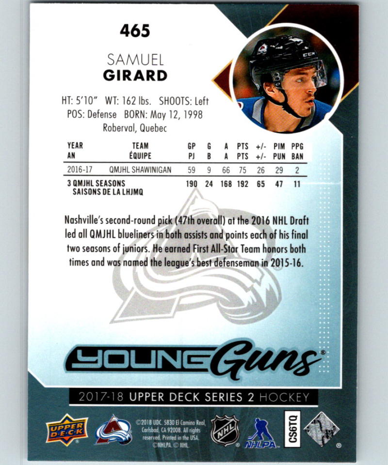 2017-18 Upper Deck #465 Samuel Girard Young Guns Avalanche YG RC 06879
