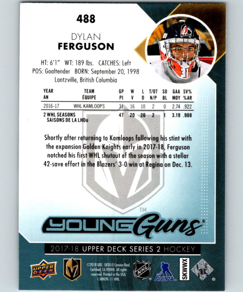 2017-18 Upper Deck #488 Dylan Ferguson Young Guns Knights YG RC 06882