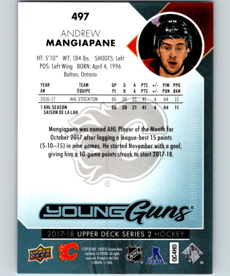 2017-18 Upper Deck #497 Andrew Mangiapane Young Guns Flames YG RC 06886