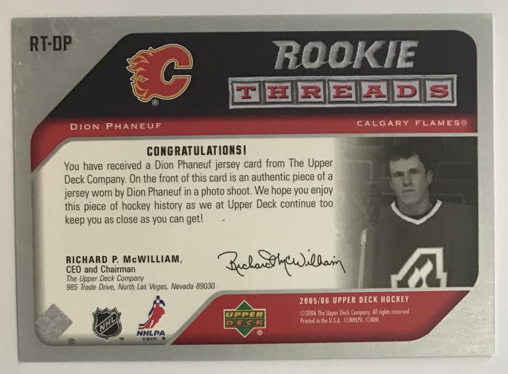 2005-06 Upper Deck Rookie Threads DION PHANEUF Black Jersey Leafs/Flames