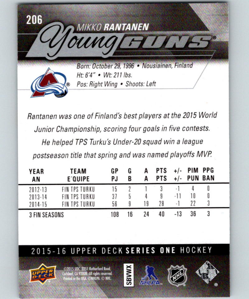 2015-16 Upper Deck #206 Mikko Rantanen Young Guns MINT RC Rookie Colorado Avalanche
