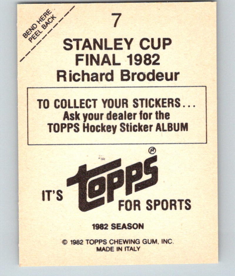1982-83 Topps Stickers #7 Richard Brodeur NHL 06889