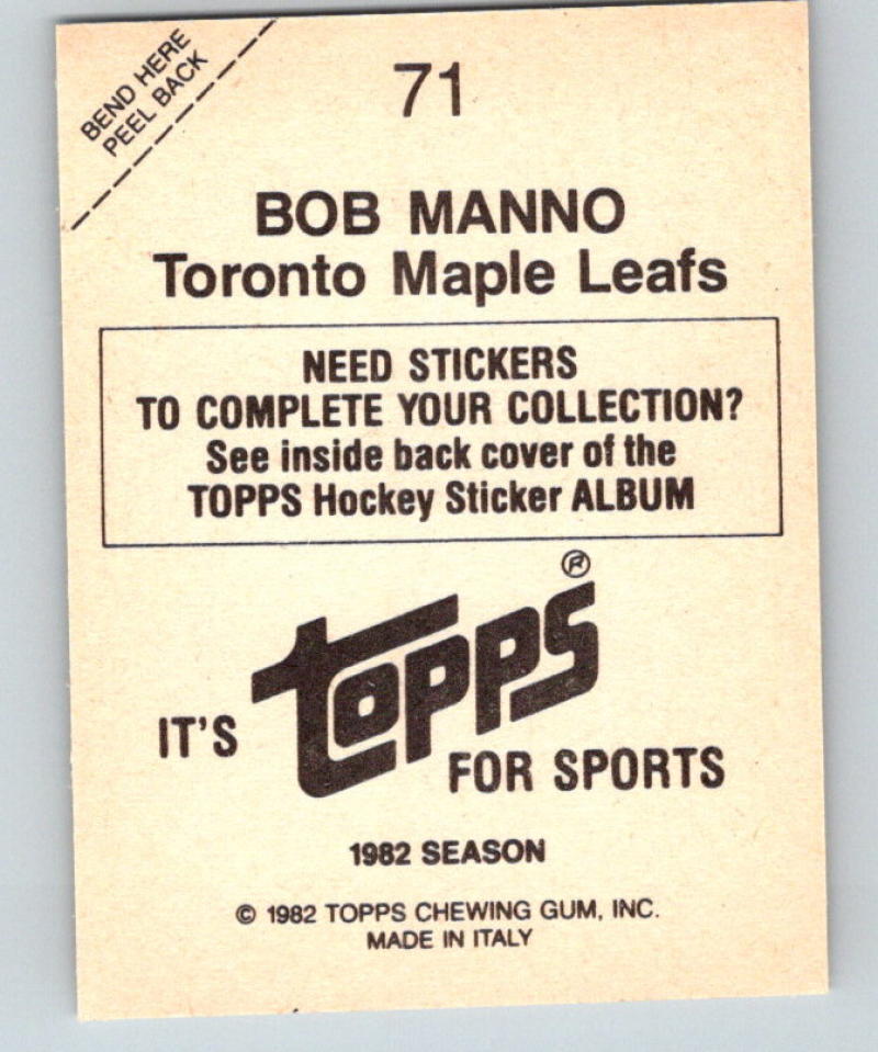 1982-83 Topps Stickers #71 Bob Manno NHL Hockey 06899 Image 2