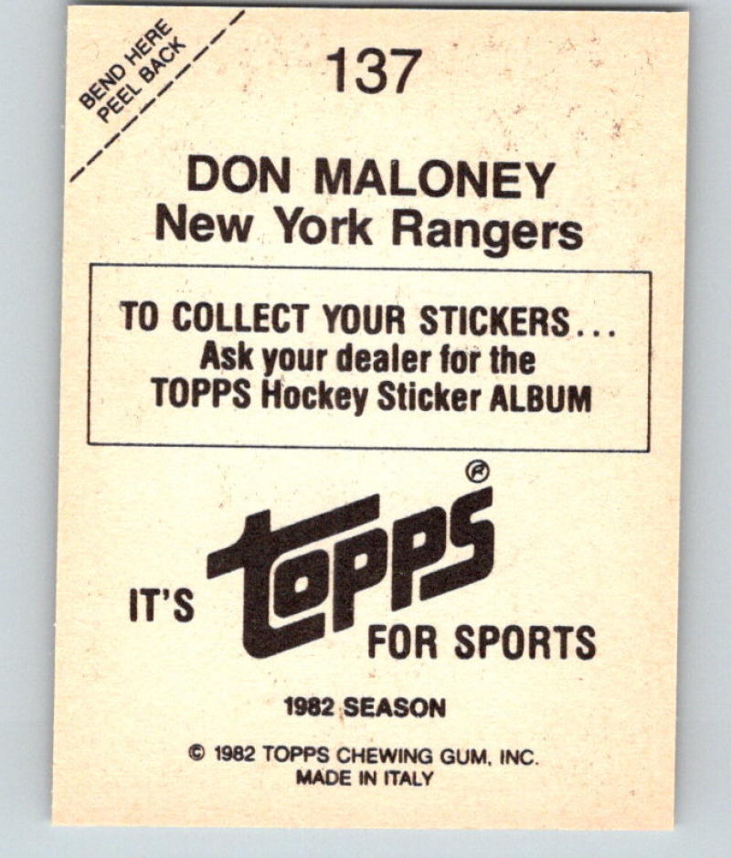1982-83 Topps Stickers #137 Don Maloney NHL Hockey 06907 Image 2