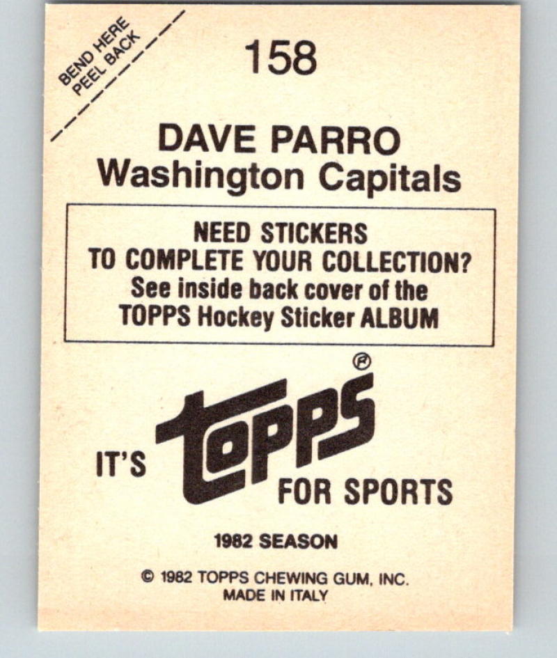 1982-83 Topps Stickers #158 Dave Parro NHL Hockey 06913