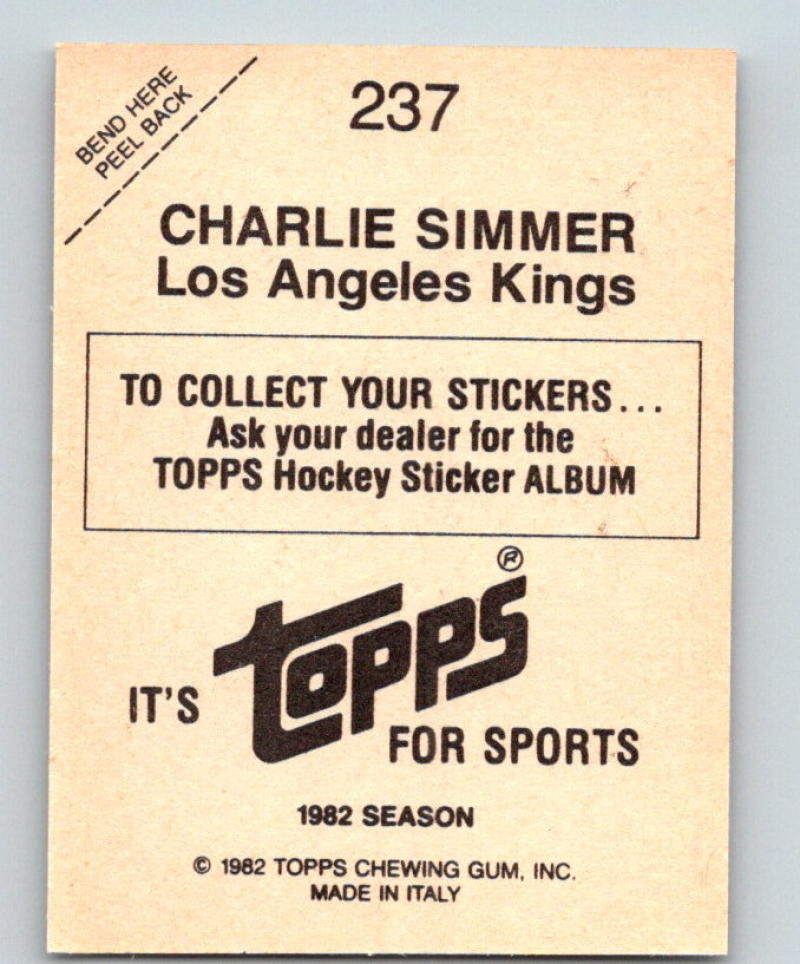 1982-83 Topps Stickers #237 Charlie Simmer NHL Hockey 06925 Image 2