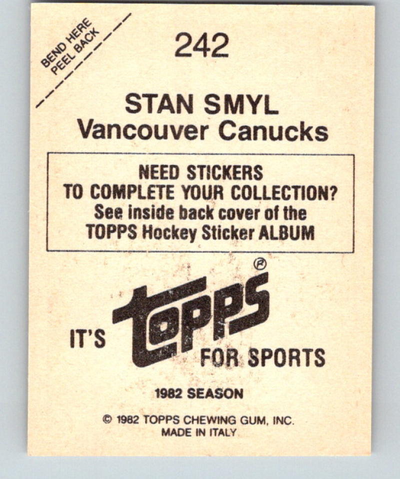 1982-83 Topps Stickers #242 Stan Smyl NHL Hockey 06927
