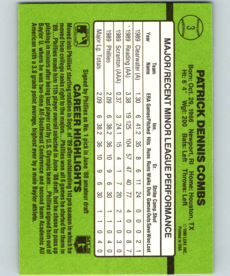 1990 Donruss Rookies #3 Pat Combs New Philadelphia Phillies Image 2