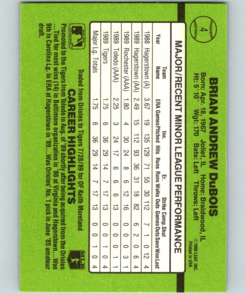 1990 Donruss Rookies #4 Brian DuBois New Detroit Tigers Image 2