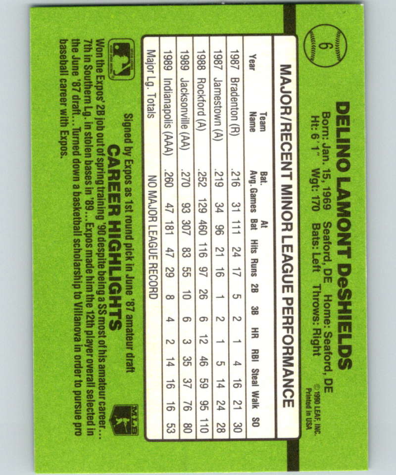 1990 Donruss Rookies #6 Delino DeShields New Montreal Expos Image 2