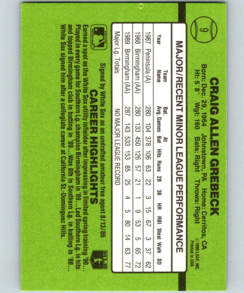 1990 Donruss Rookies #9 Craig Grebeck New RC Rookie Chicago White Sox Image 2