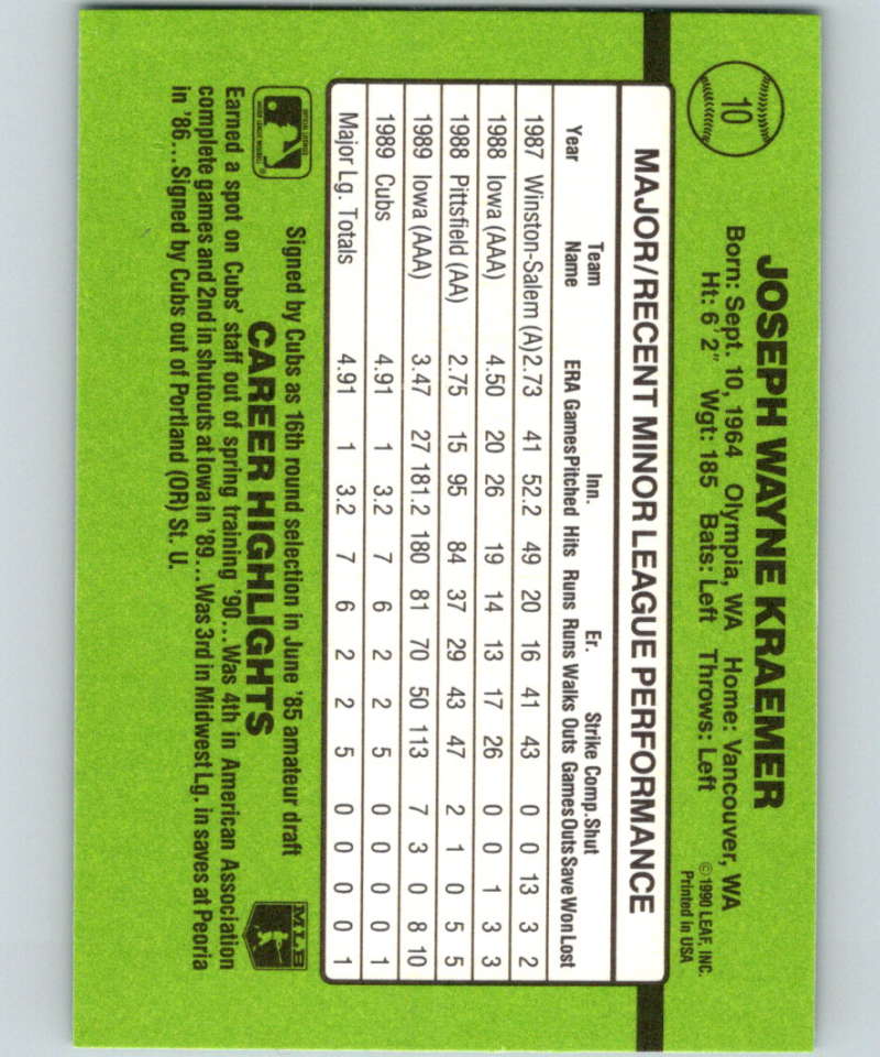 1990 Donruss Rookies #10 Joe Kraemer New RC Rookie Chicago Cubs Image 2