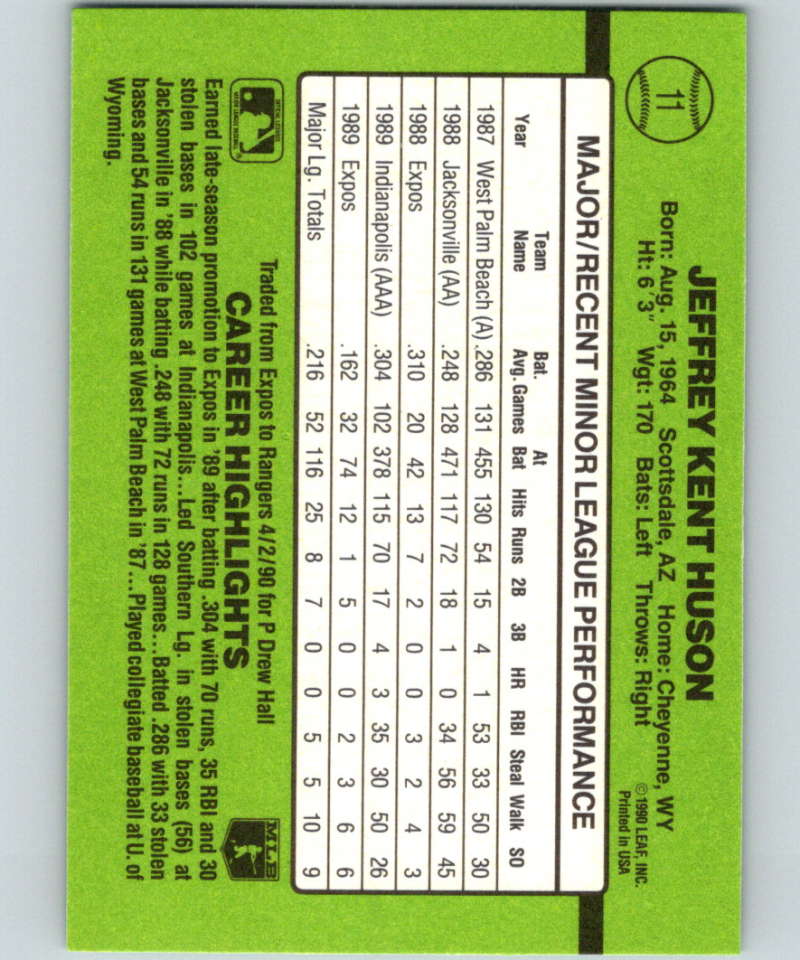 1990 Donruss Rookies #11 Jeff Huson New Texas Rangers Image 2