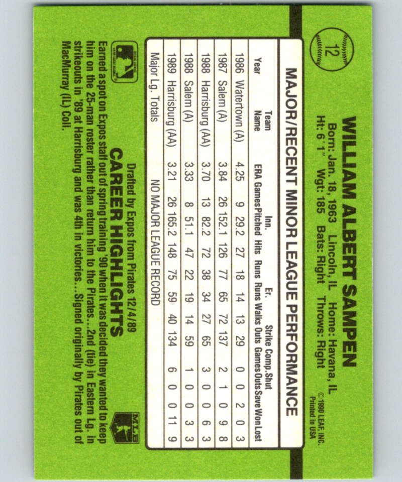 1990 Donruss Rookies #12 Bill Sampen New RC Rookie Montreal Expos Image 2